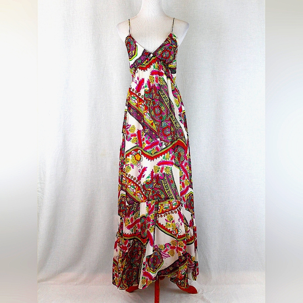 Parker Paisley Silk Empire Waist Spaghetti Strap Maxi Dress Vintage Lacy Parker